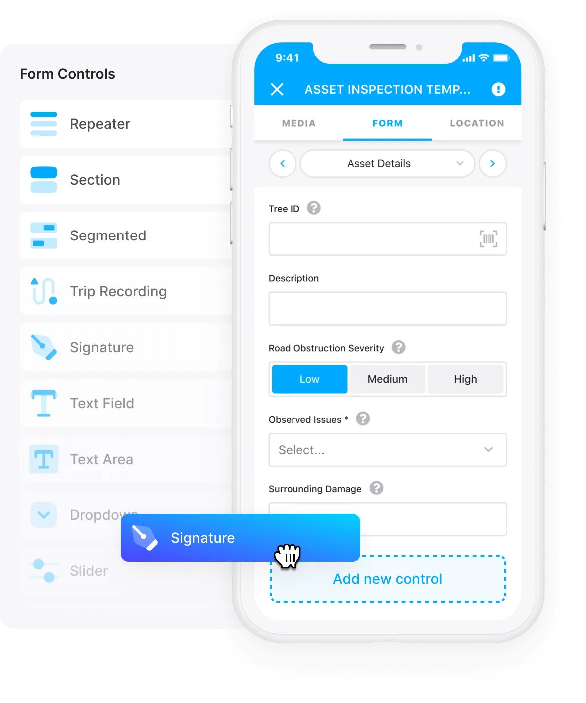 The Gruntify form builder beside the resulting inspection form on a phone