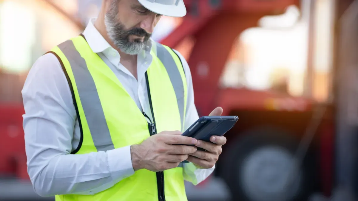 Man in a hard hat and high-vis vest checking a handheld device at an industrial site