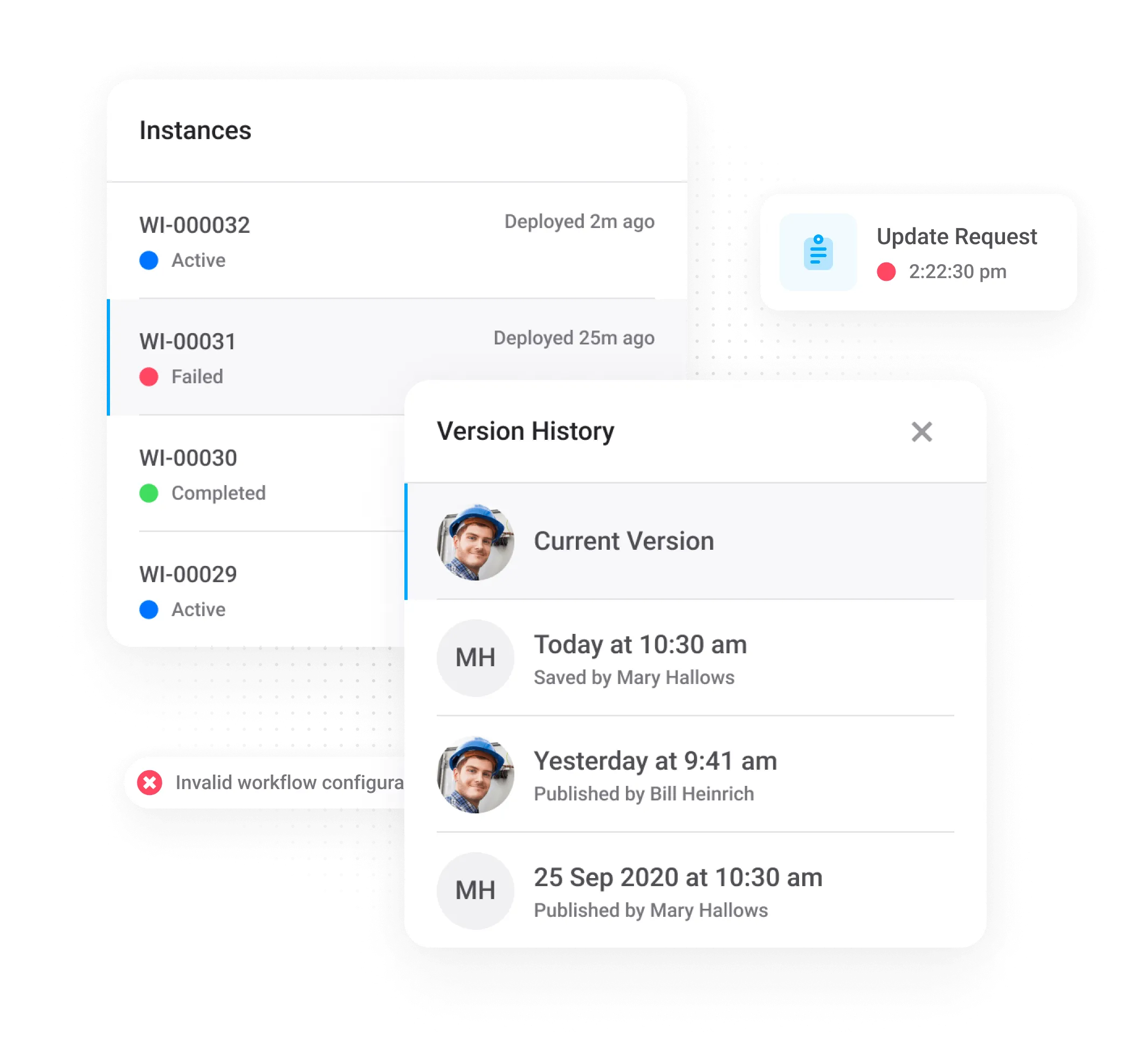 Workflow instance logs and version history