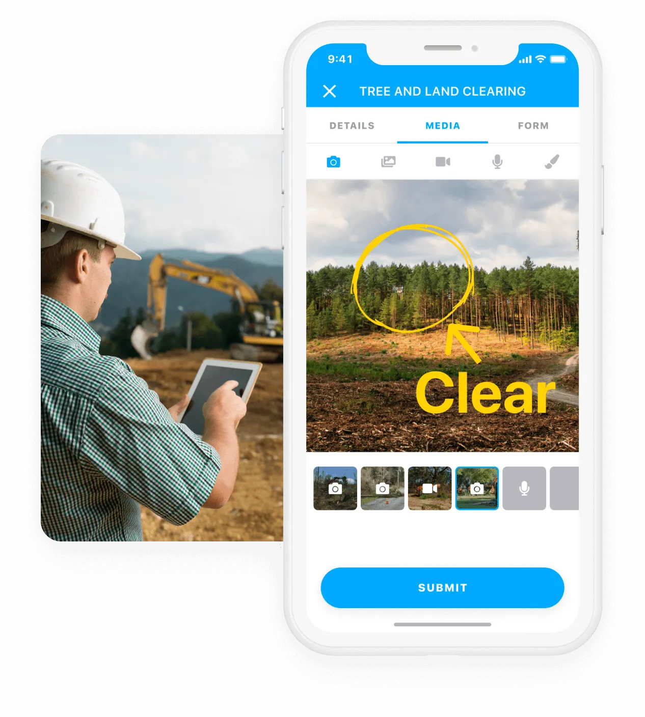 A field worker annotating an inspection photo in the Gruntify mobile app
