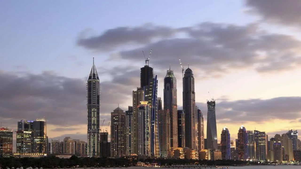 The Dubai skyline at dusk