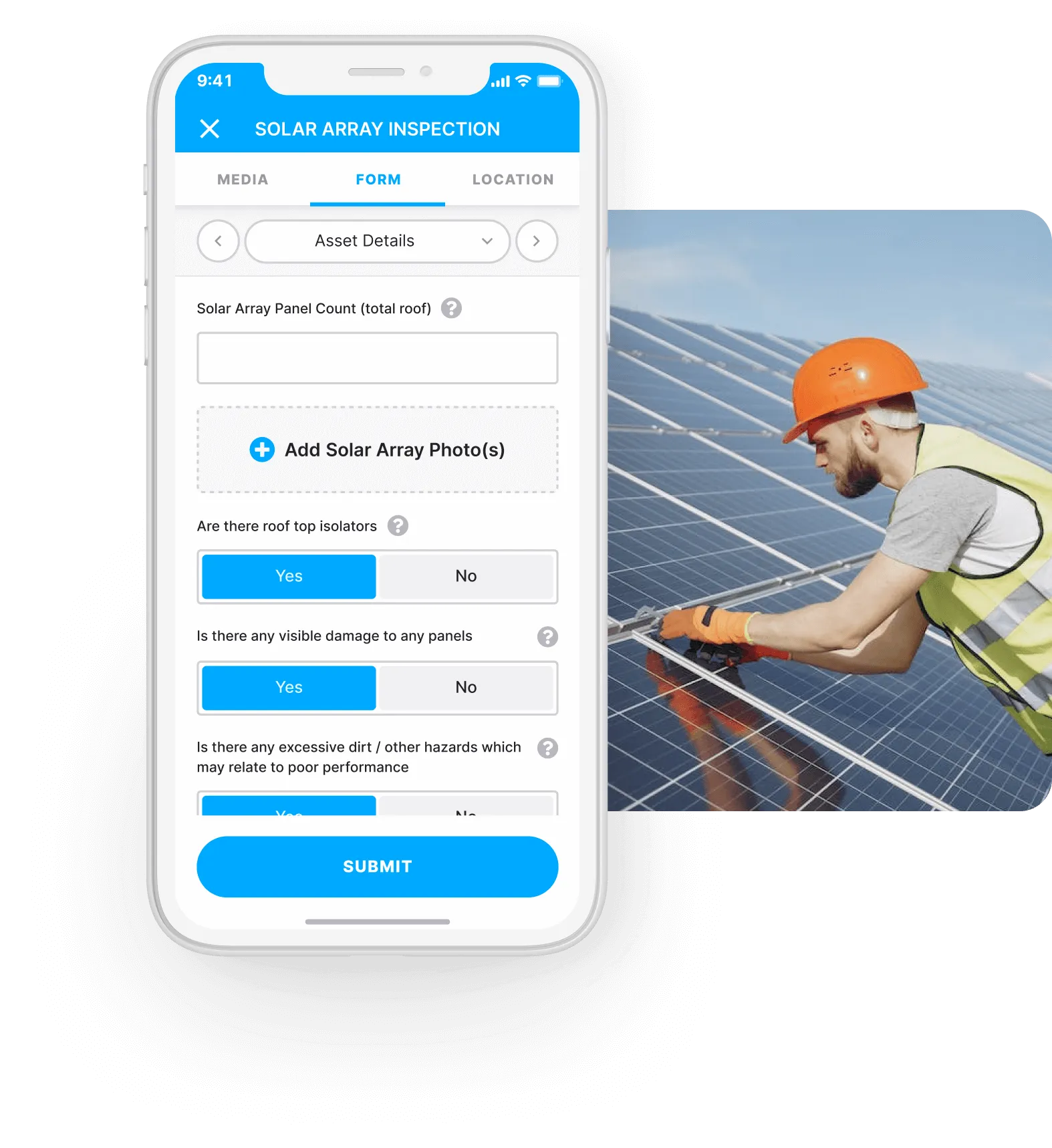 A solar panel inspection being recorded in the Gruntify app