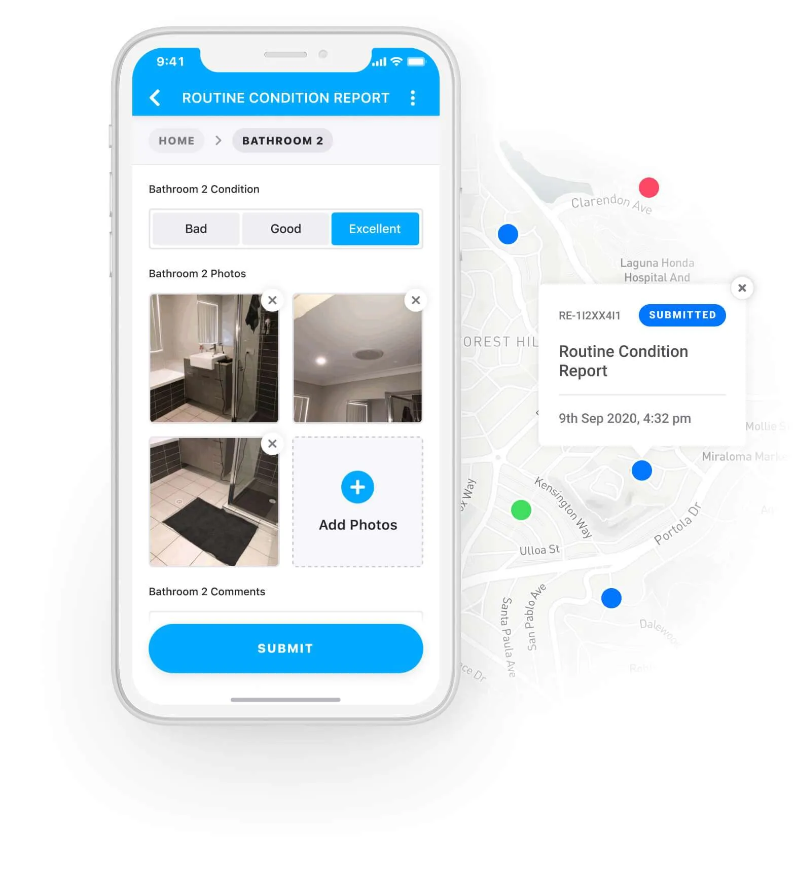 A rental condition report being completed on a phone