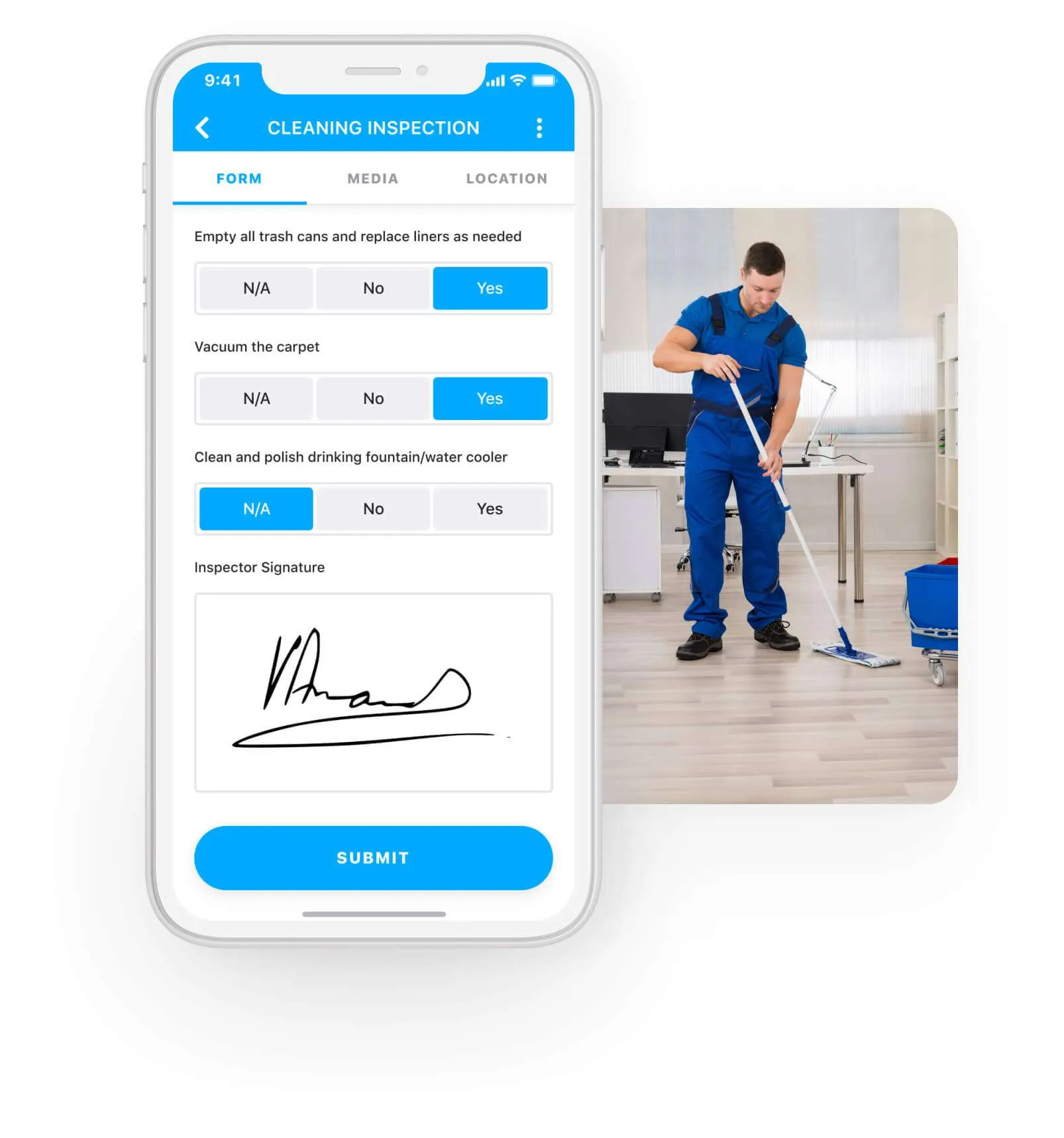 A cleaning inspection form being completed on a phone