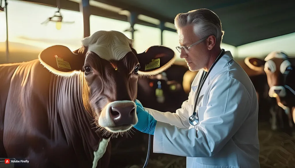 Veterinarian examining a tagged dairy cow with a stethoscope in a barn