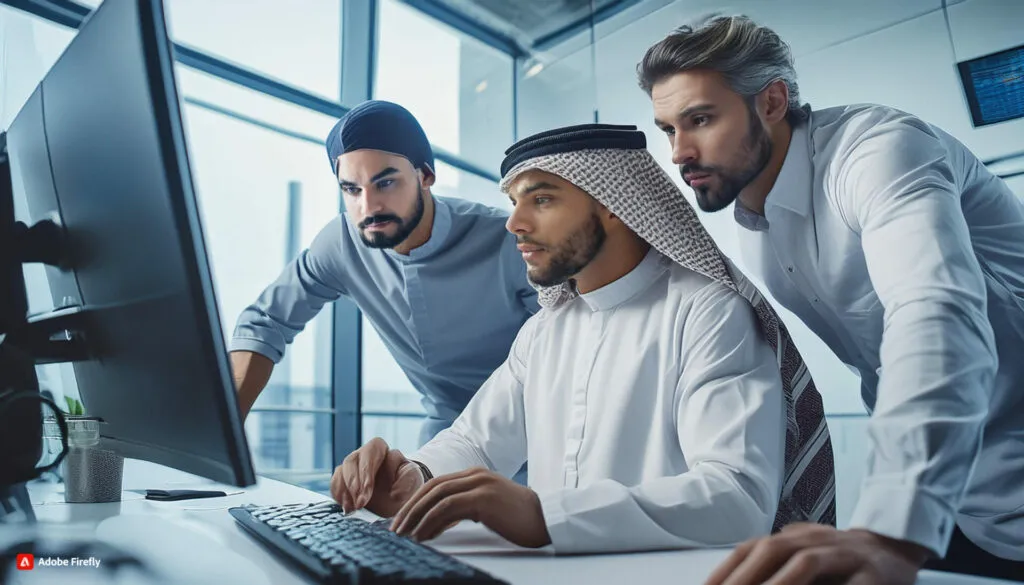 Illustration of three men reviewing a computer screen in an office