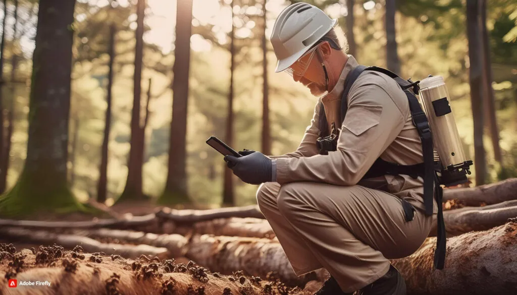 Biosecurity officer in a hard hat kneeling among felled logs, recording data on a handheld device