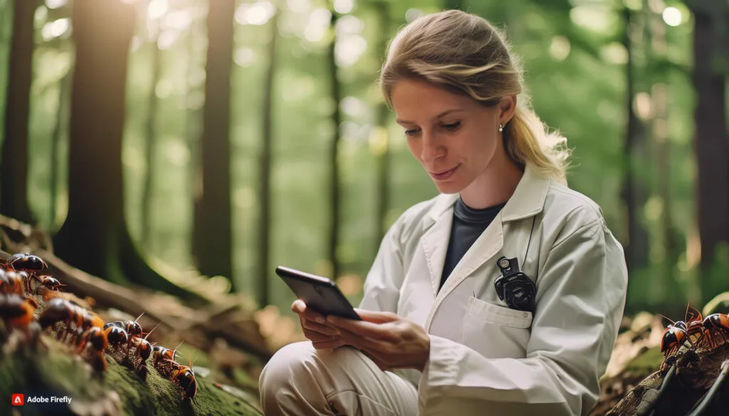 Biosecurity officer inspecting insects on a log while recording data on a handheld device