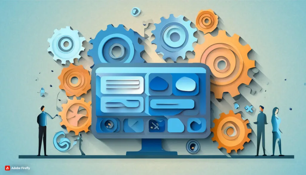 Illustration of gears surrounding a computer screen with people interacting, representing workflow automation