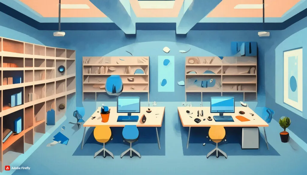 Illustration of a minimalist office with two desks, monitors, and mostly empty shelving