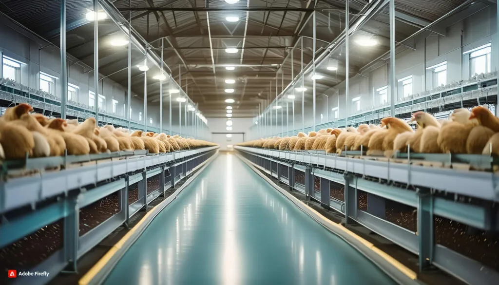 Rows of chickens on raised platforms inside a large commercial poultry shed