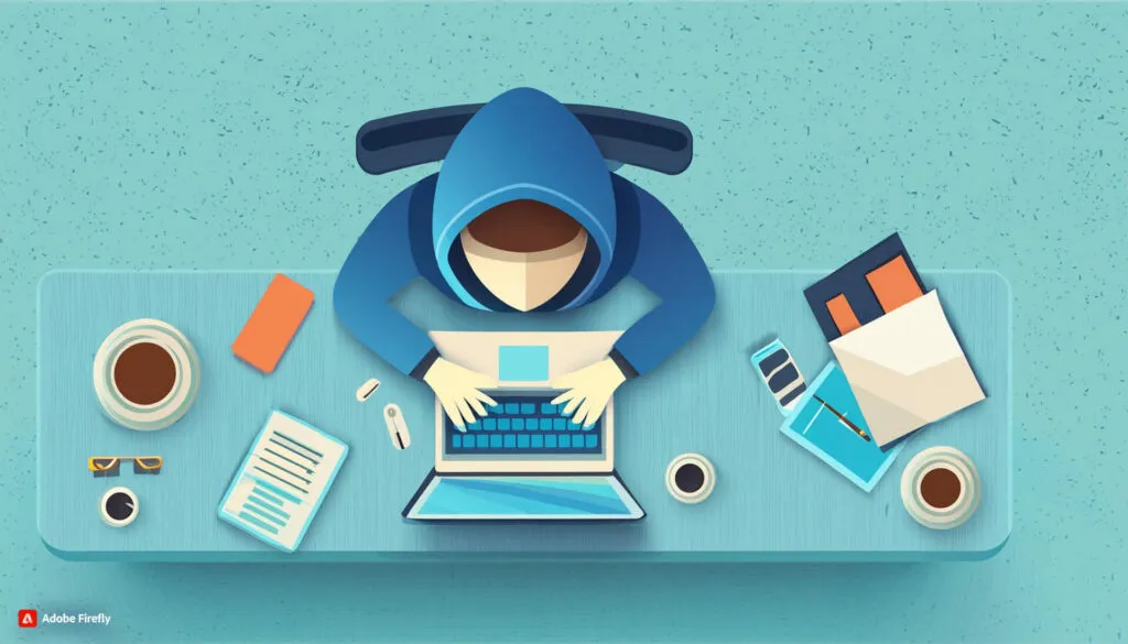 Illustration of a hooded figure typing on a laptop at a desk, viewed from above