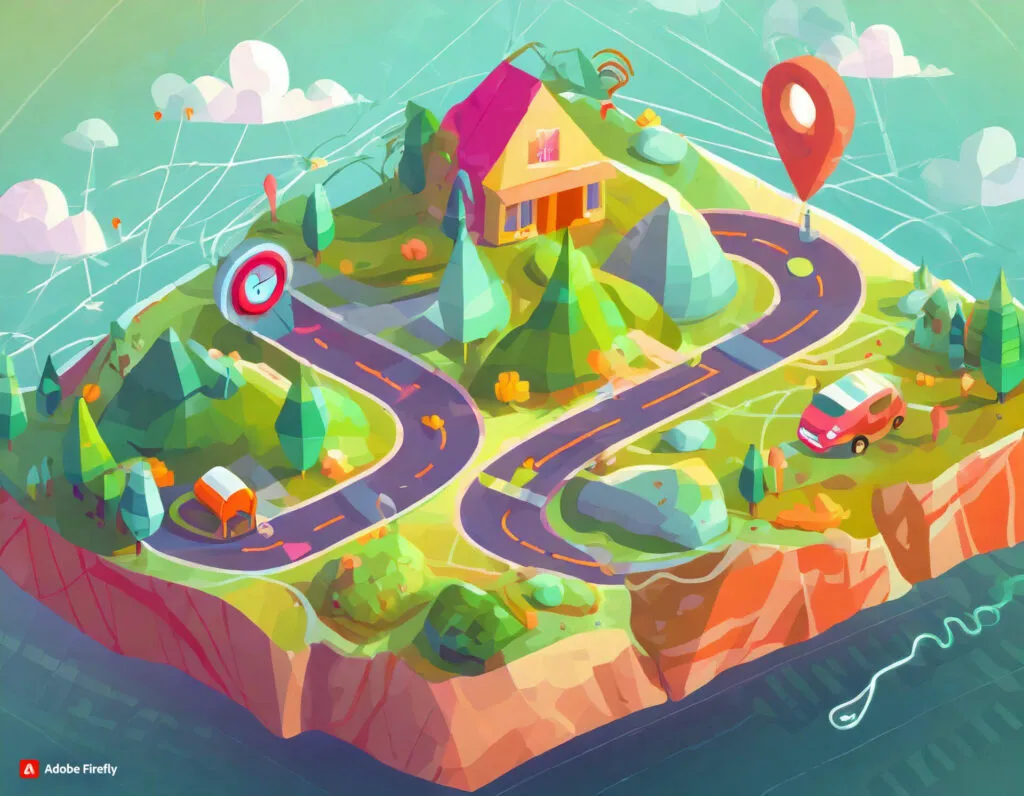 Illustration of a house on a winding road with a map pin and a car
