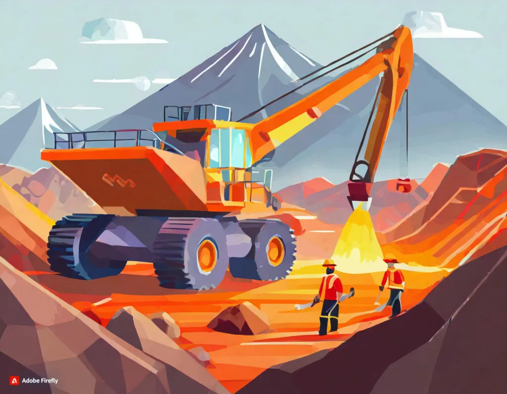 Illustrated mining excavator dropping material near two workers in orange safety gear, mountains behind
