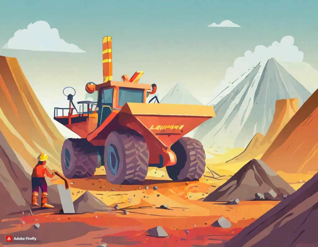 Illustrated large mining dump truck beside a worker holding a shovel, mountains in the background