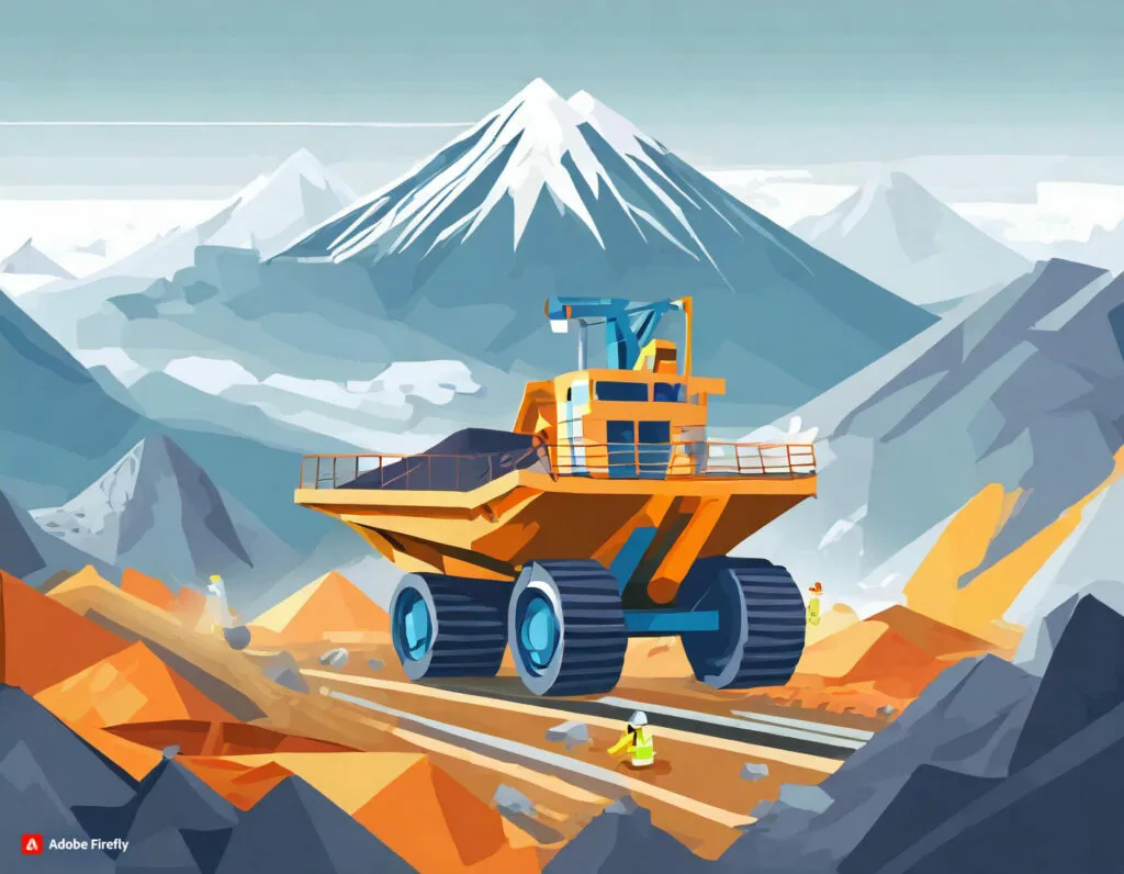 Illustrated giant mining haul truck on a road with two workers nearby, snow-capped mountain background