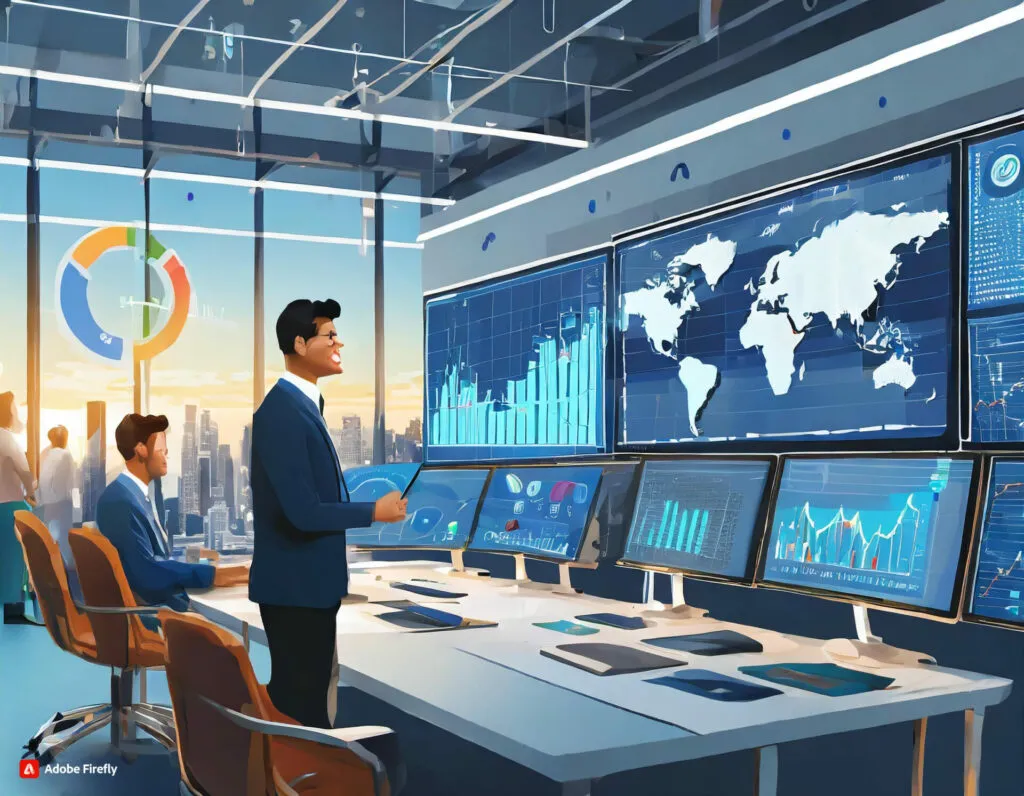 Illustration of a presenter at screens showing a world map and bar charts, colleagues seated nearby