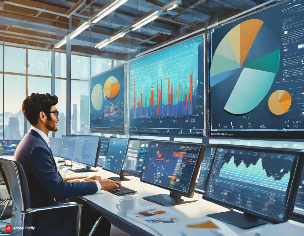 Illustration of a man reviewing large wall monitors showing bar and pie charts