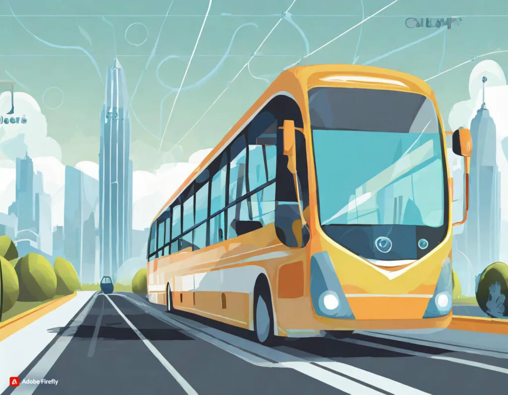 Illustrated yellow public transit bus driving through a city street