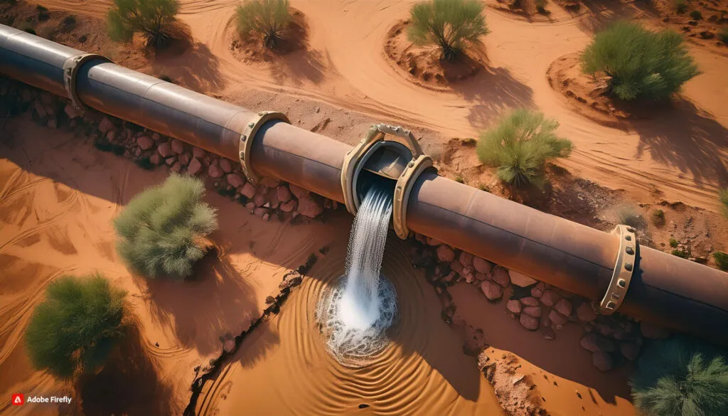 Illustration of water pouring from a pipe joint onto desert sand, seen from above