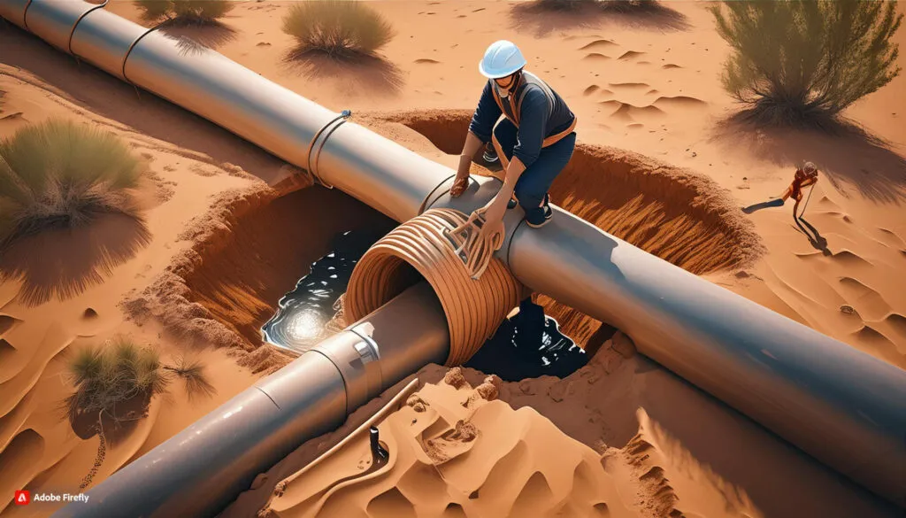 Illustration of a worker in a hard hat fitting a coiled wrap onto an exposed pipe in a desert excavation pit