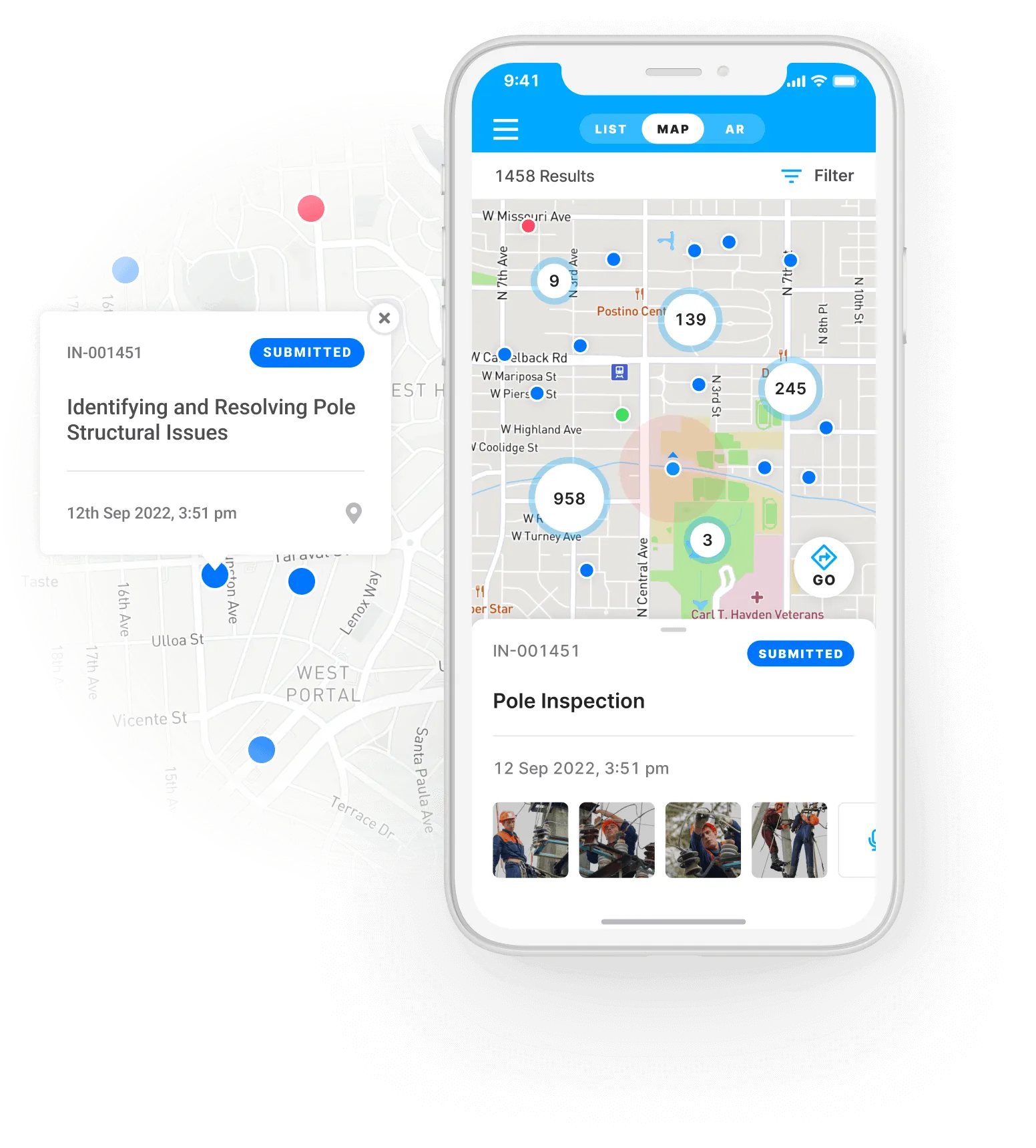 Geo-enabled pole inspection forms shown on a mobile device