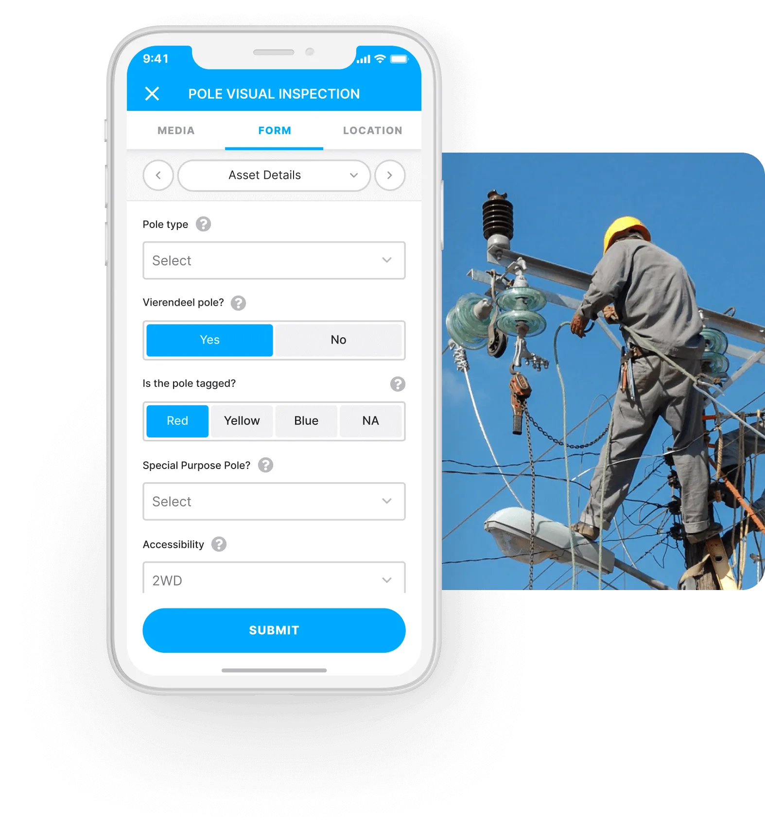 A utility pole inspection being recorded in the Gruntify app