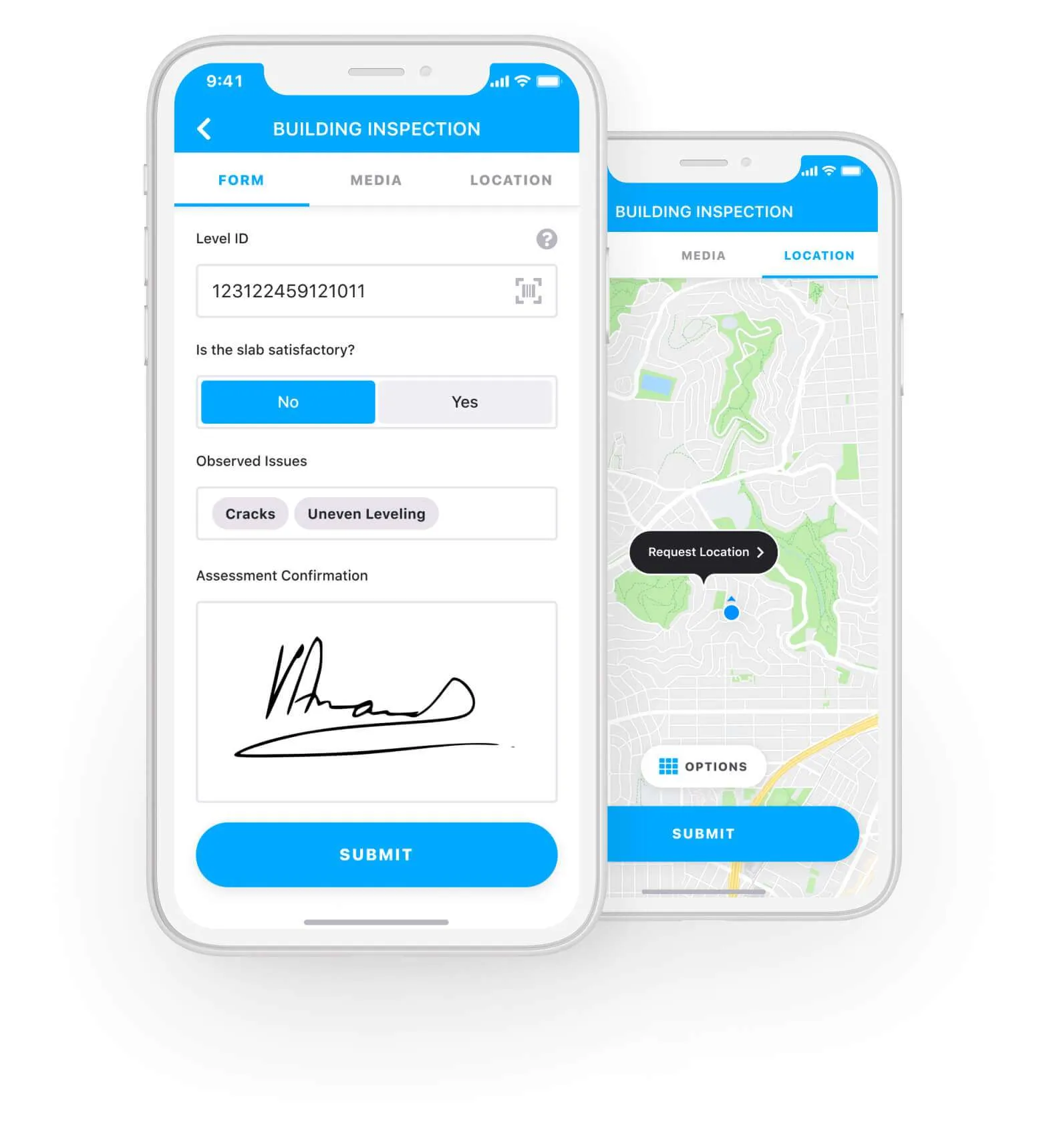 A building inspection form and its location map shown on two phones