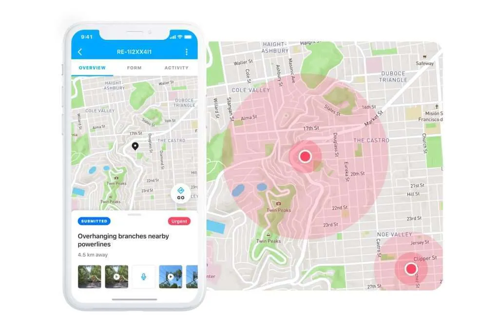 Gruntify mobile request details next to a map showing the request’s location and radius