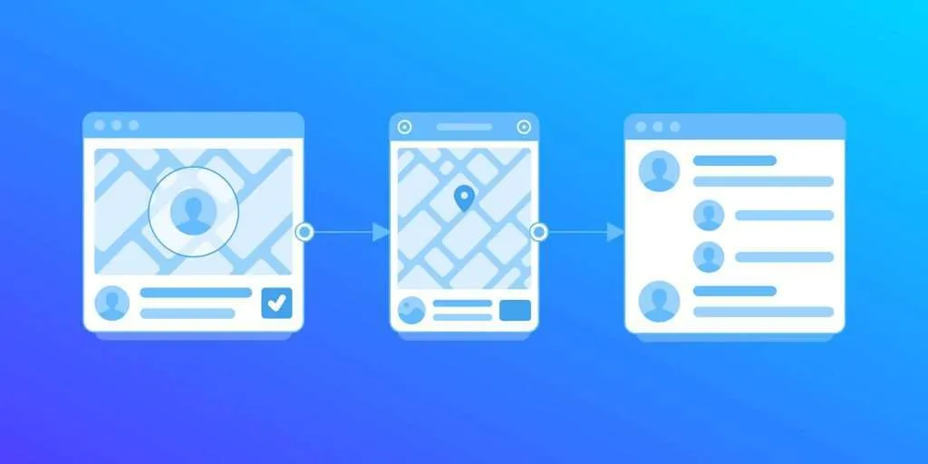 Three-step illustration: a worker’s location on a map, a map pin, then a contact list