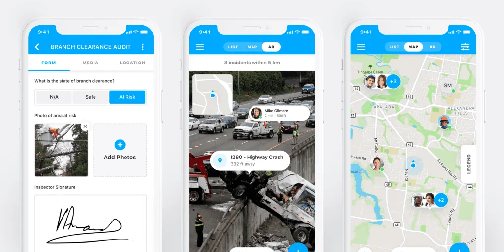 Three Gruntify mobile screens: a branch clearance audit form, an augmented-reality incident view, and a live team map