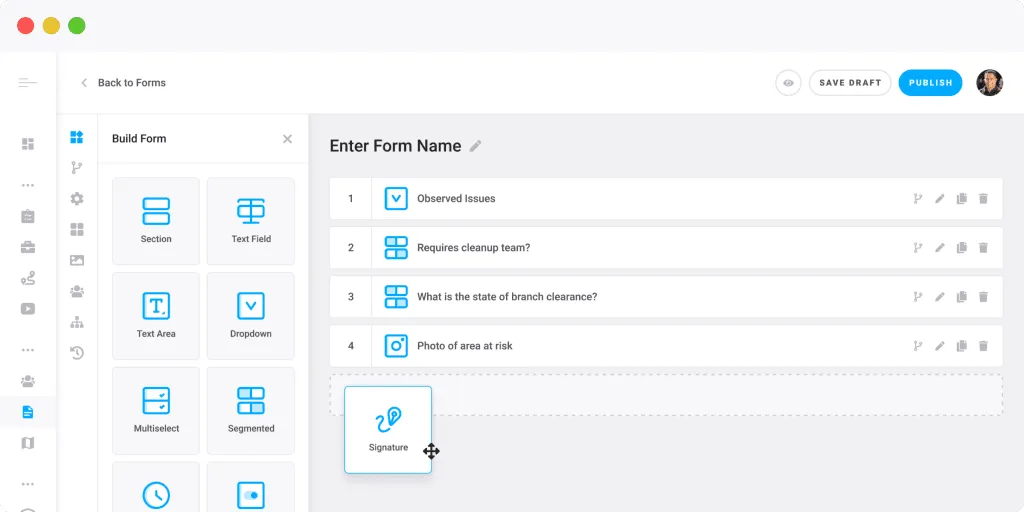 Gruntify form builder screen showing a branch clearance audit form under construction