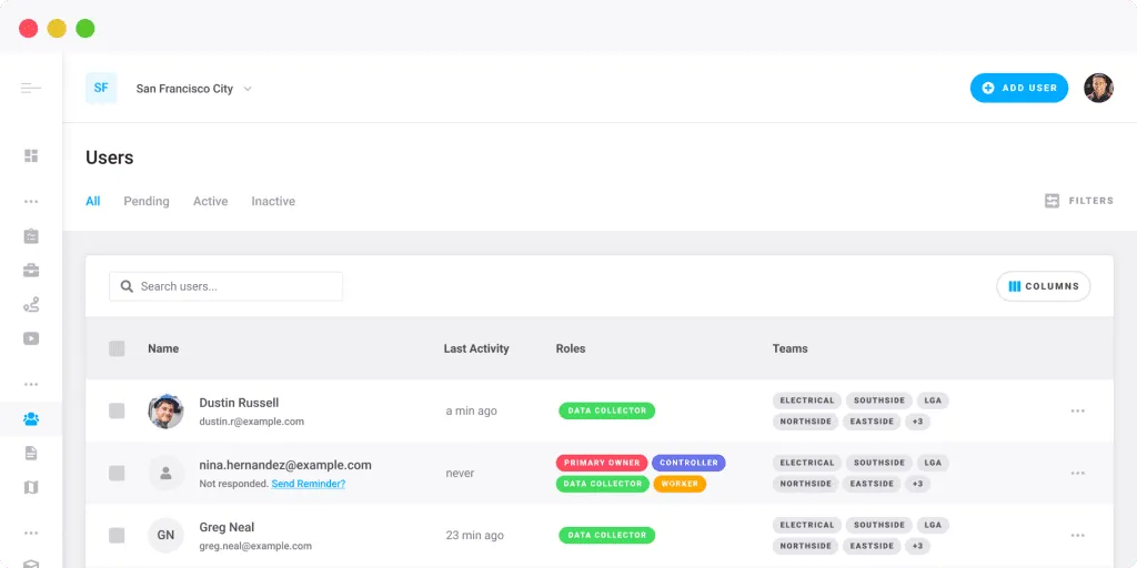 Gruntify admin screen listing users with their assigned roles and teams