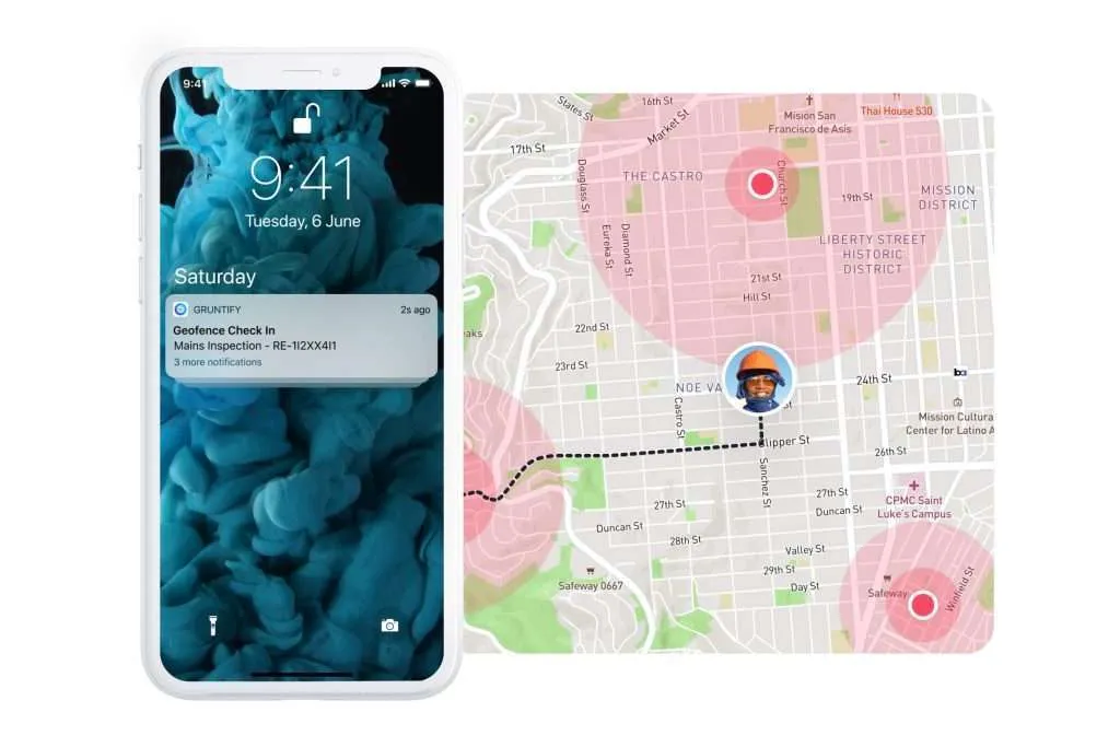 Gruntify geofence check-in notification for a mains inspection request beside the mapped zones