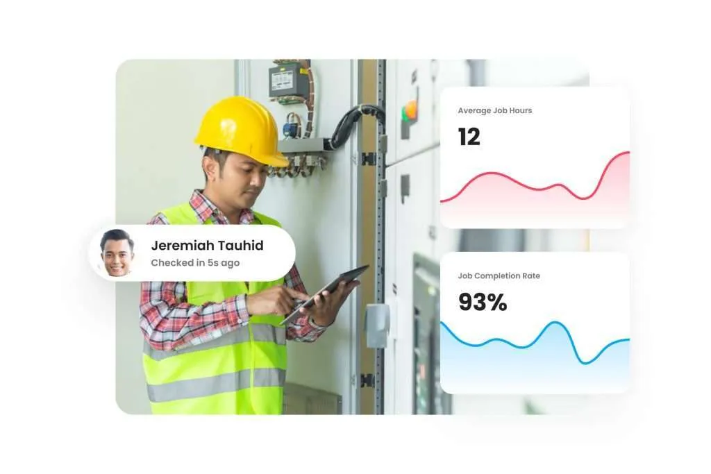Technician checked into a job via tablet, beside average job hours and completion rate stats