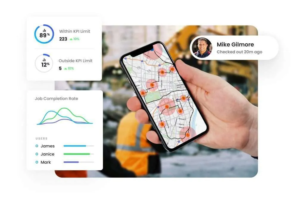 Gruntify mobile map of geofenced KPI zones beside job completion and check-out status cards