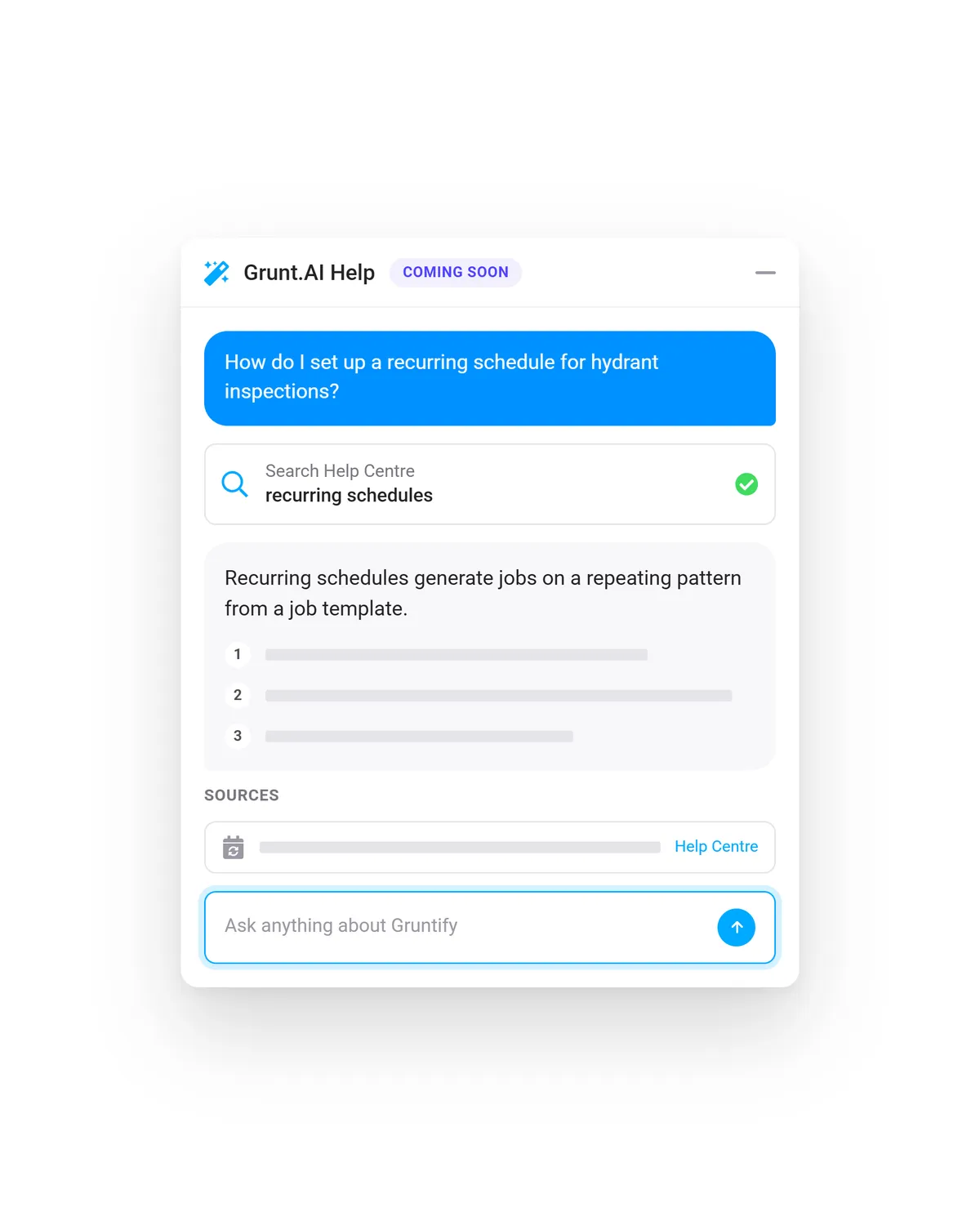 The Grunt.AI help agent answering a question about recurring schedules, with its Help Centre sources listed