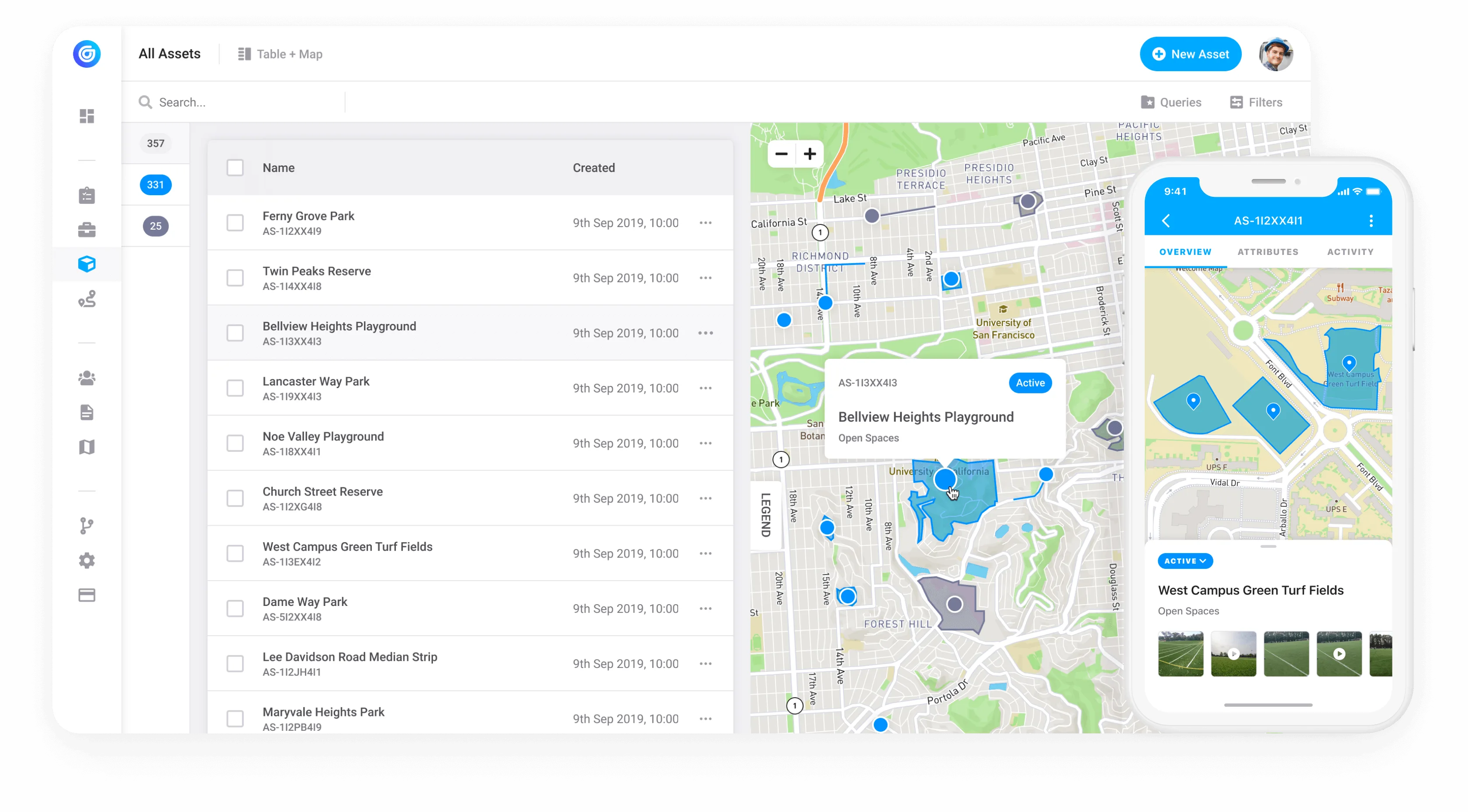 The Gruntify asset register shown on a map alongside asset records