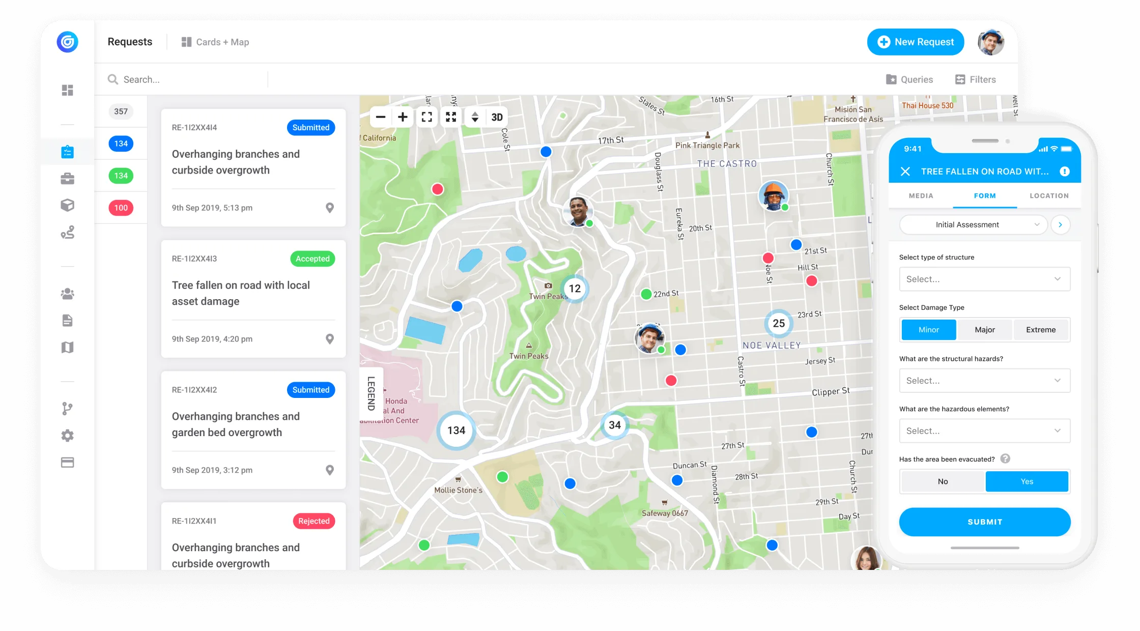 The Gruntify web app showing field requests on a map alongside inspection records