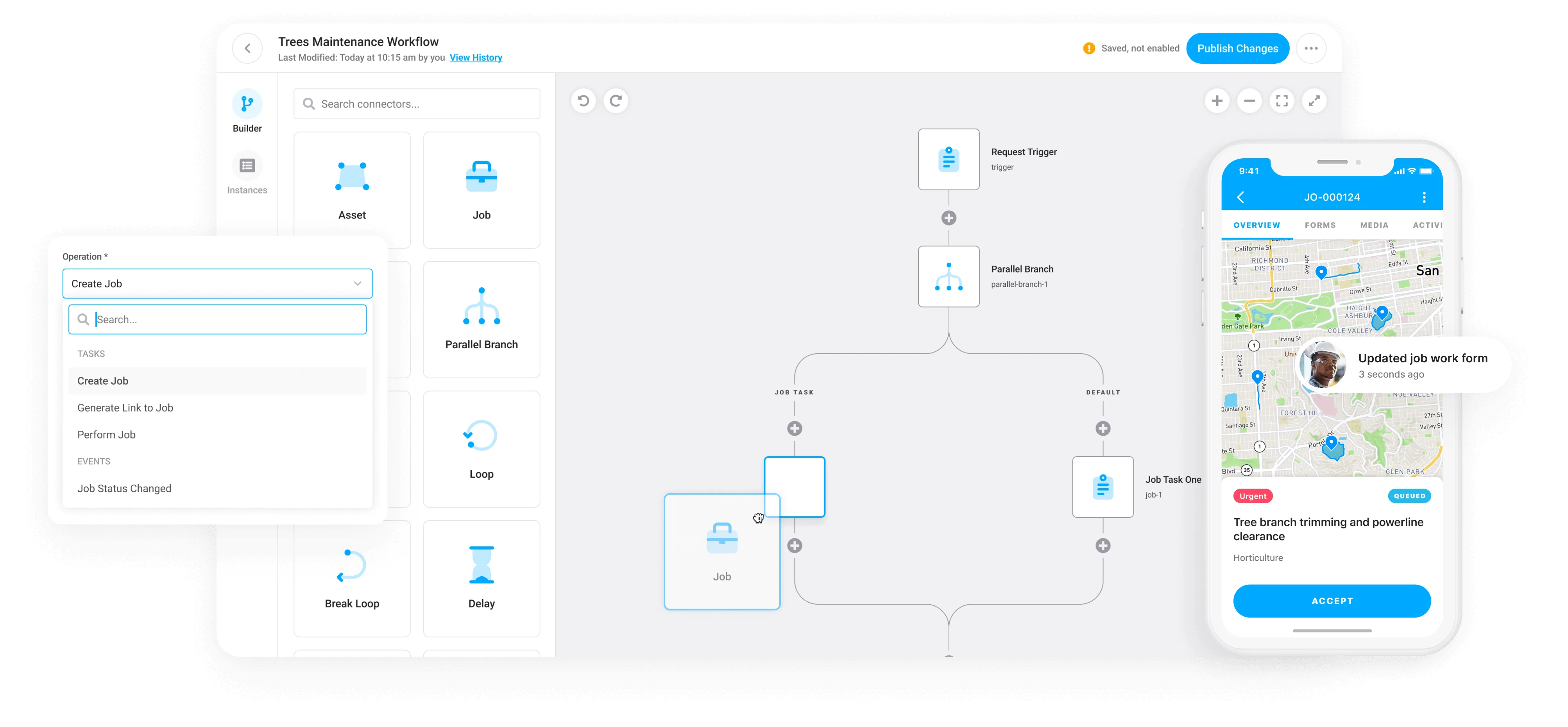 The Gruntify Workflow Studio showing an automated field service workflow