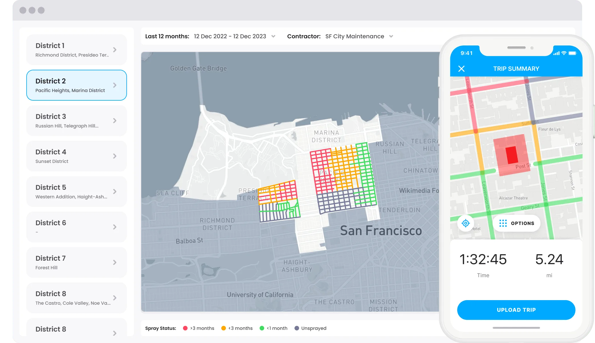 A vegetation control workflow shown across mobile and web