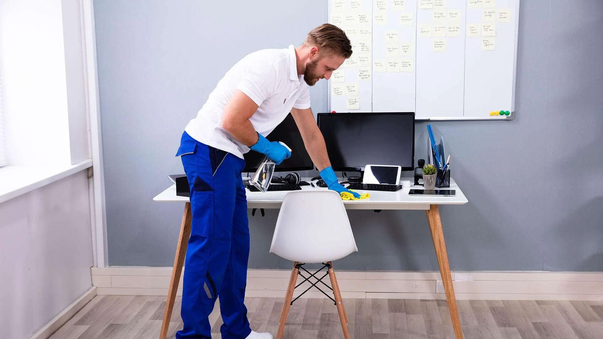 A cleaner working in a commercial building