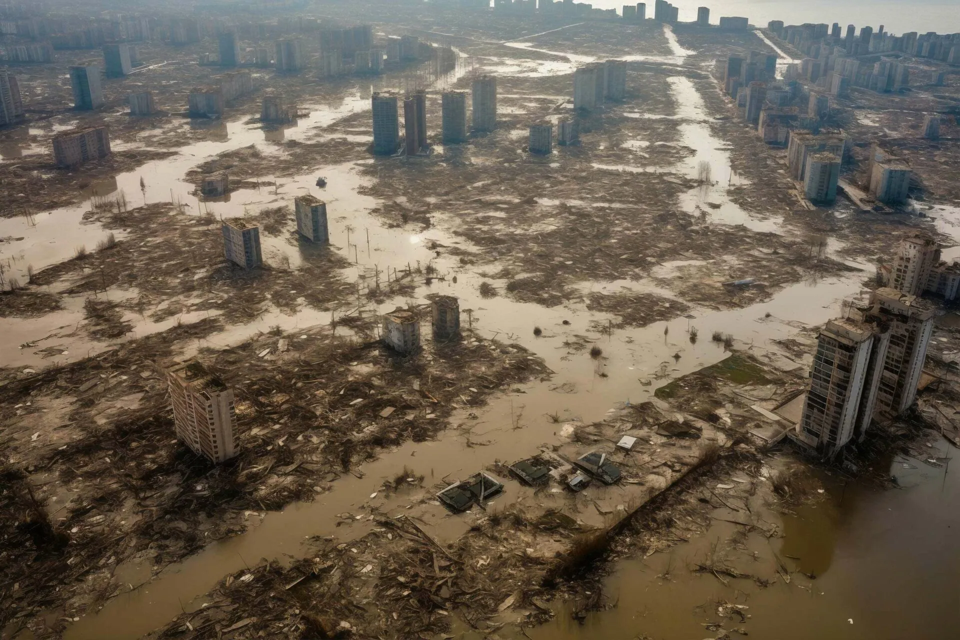 Aerial view of a town inundated by floodwater