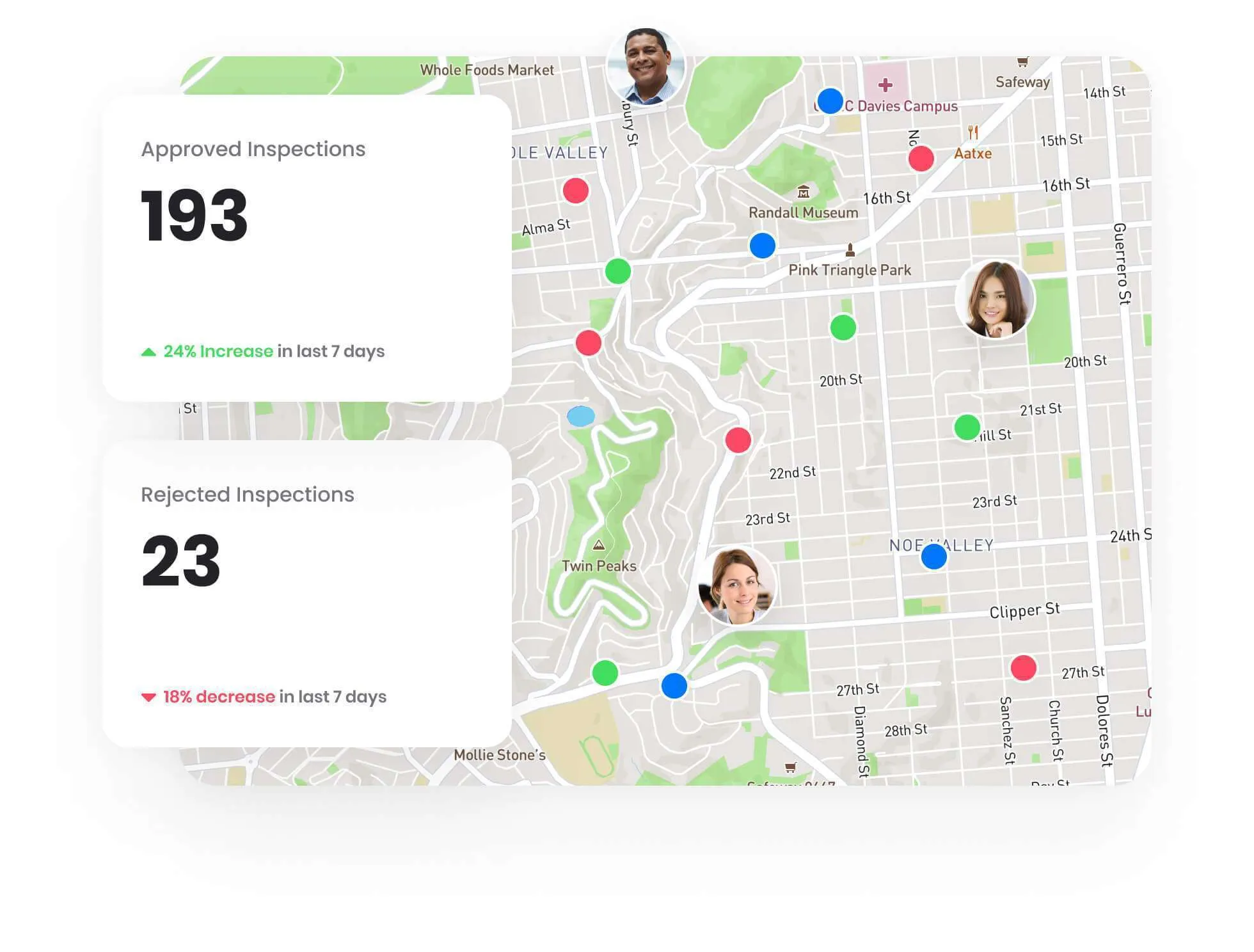 Pool inspection jobs filtered across map, card and table views