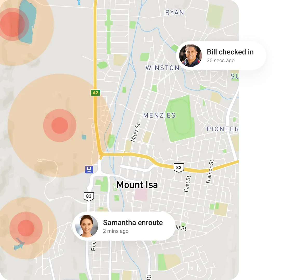 Blast zones and field worker locations shown on a live map