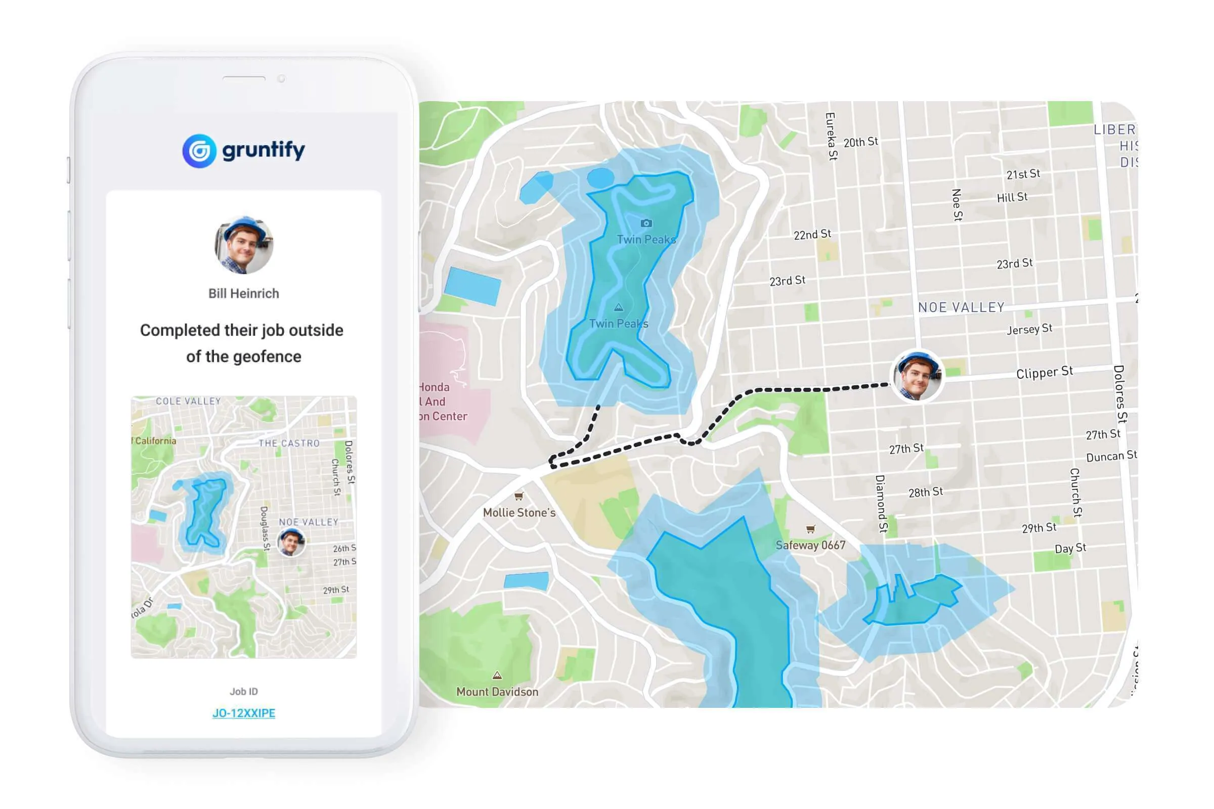 Gruntify mobile alert showing a technician completed a job outside the mapped geofence