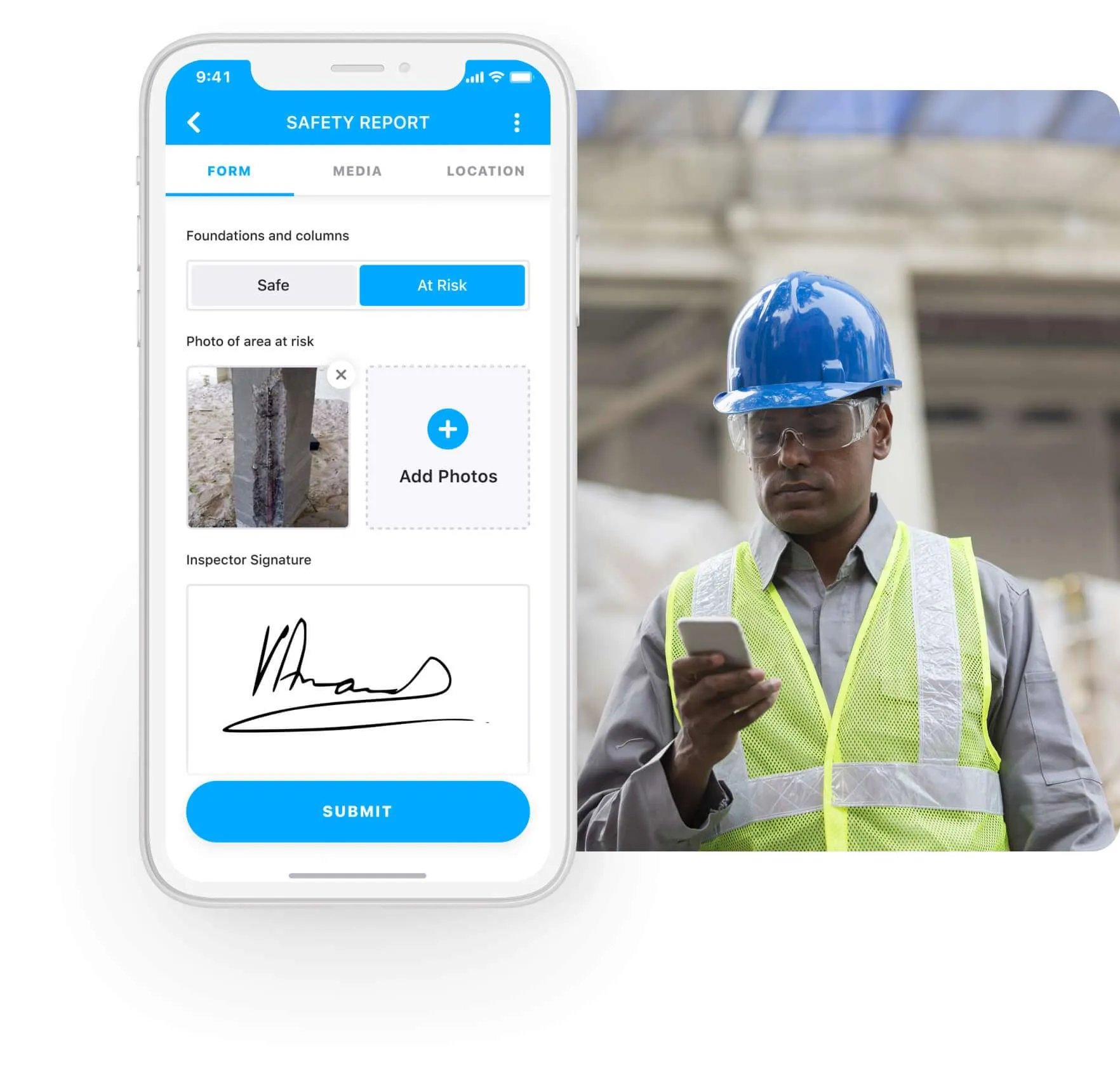 A safety report being raised from a phone in the field