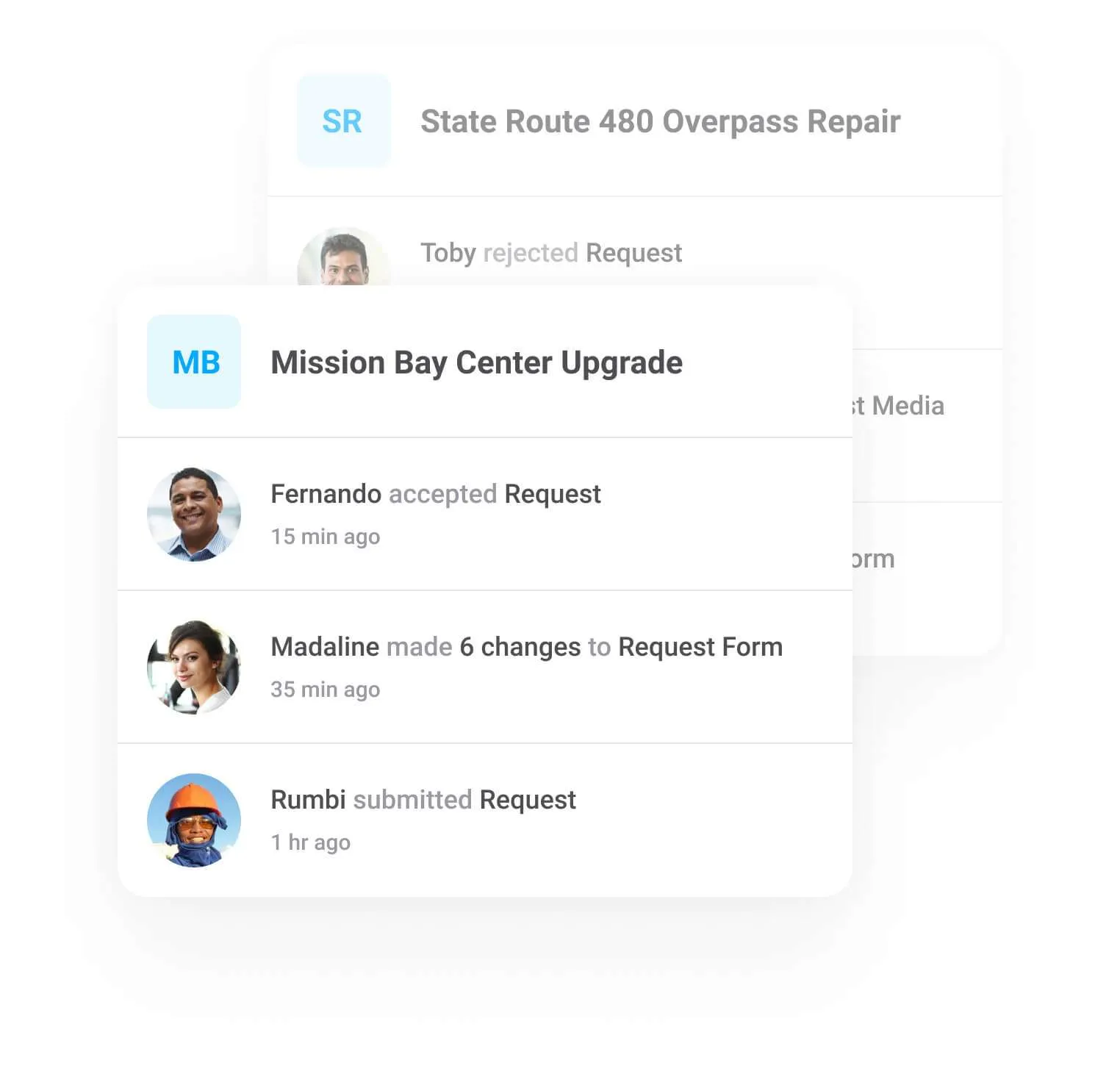 A project activity feed showing inspection updates from several team members