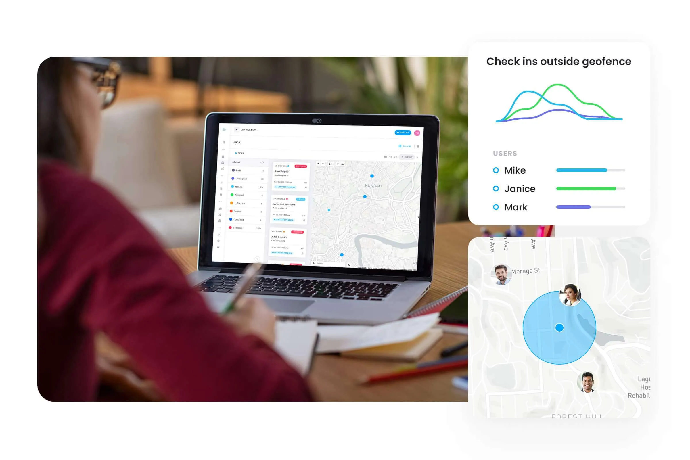 Person viewing Gruntify’s Jobs map dashboard beside a geofence check-in chart and zone map