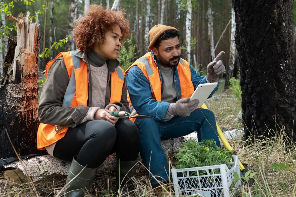 Two people in hi-vis vests on a forest log, one holding a tablet and pointing, with a crate of seedlings nearby